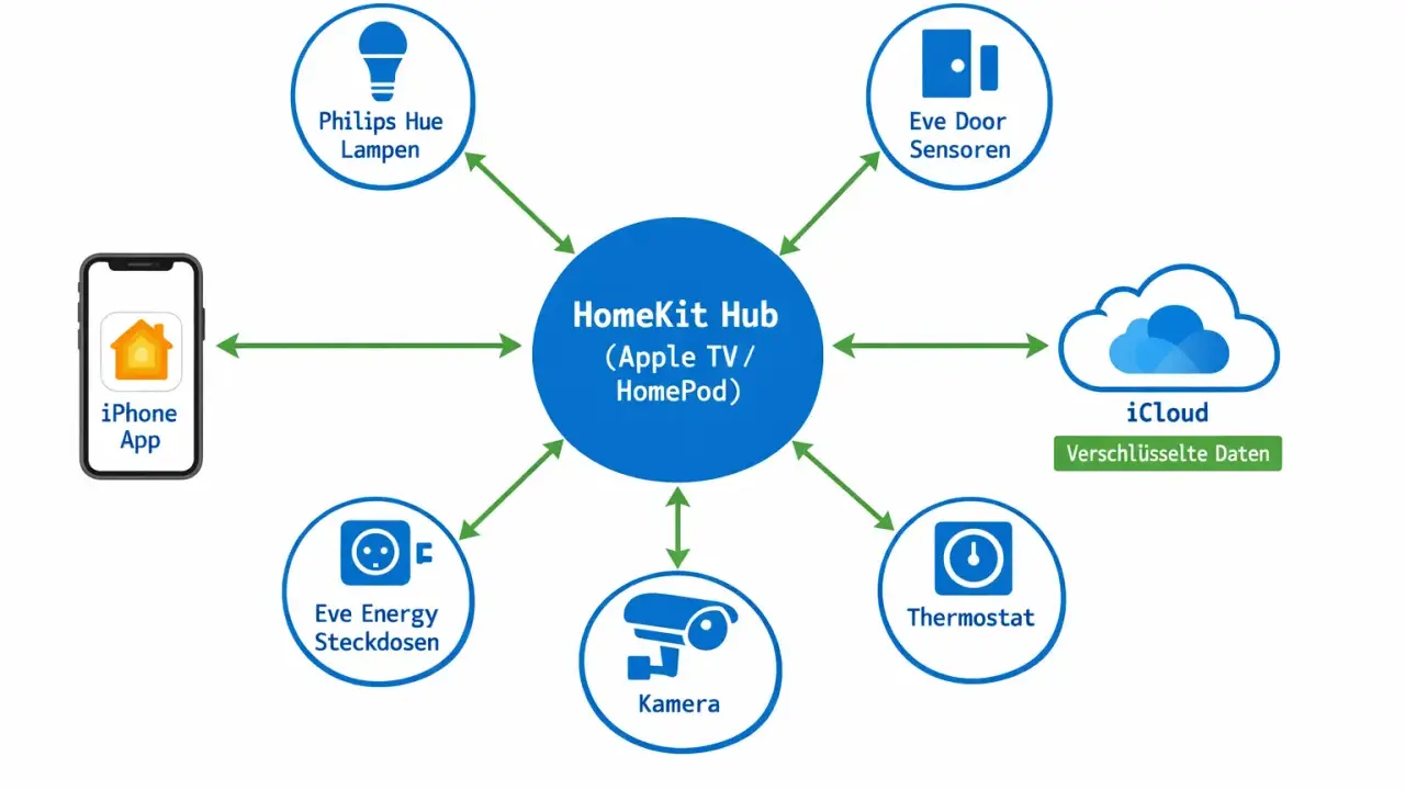 Schema zeigt, wie die Home app auf dem iPhone mit dem HomeKit Hub und Geräten wie Lampen, Sensoren, Kameras und Thermostaten interagiert.
