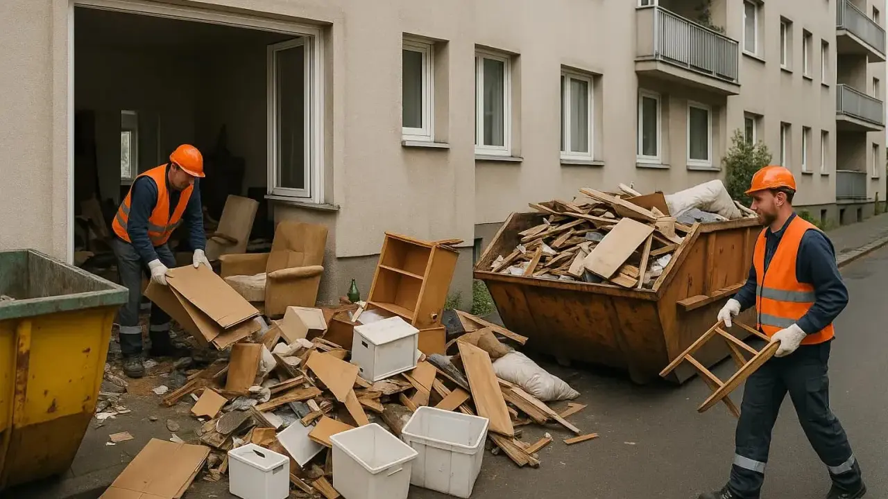 Männer in Warnwesten und Helmen räumen eine Messie-Wohnung aus. Sperrmüllcontainer und Kartons stapeln sich vor dem Gebäude.