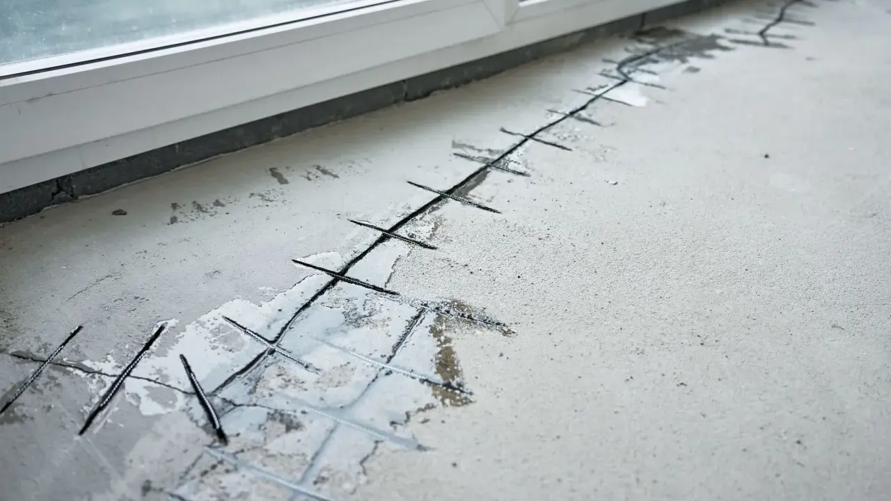Betonboden mit eingeschnittenen Fugen und Bewehrung, bereit für die Ausbesserung des Estrichs.