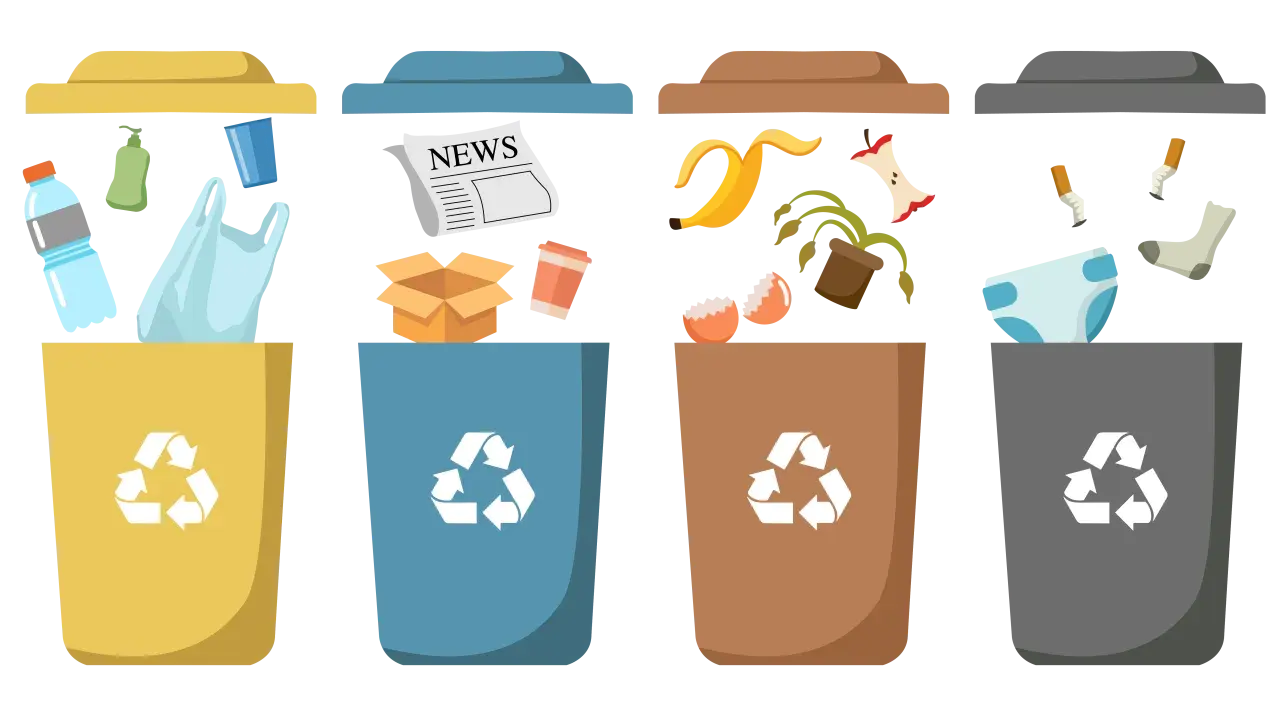 Vier Mülleimer mit Recycling-Symbolen: Gelb für Plastik, Blau für Papier, Braun für Biomüll, Grau für Restmüll. Hier werden leere Farbeimer entsorgt.