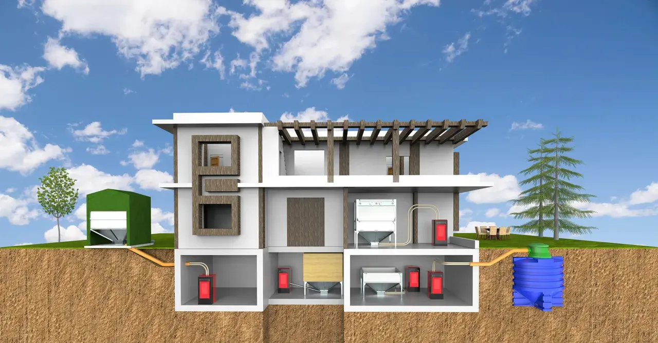 Schematische Darstellung eines Hauses mit Pelletlager, Heizsystem und Wassertank. Zeigt den gesamten Prozess des **Pellets Verbrauch im Jahr**.