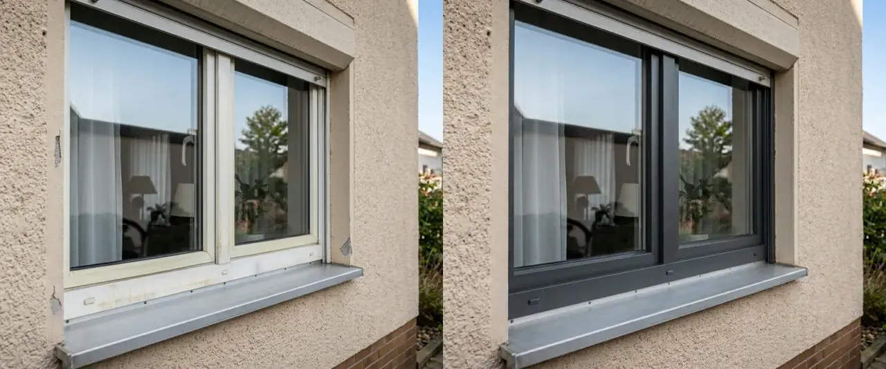Vorher/Nachher-Vergleich: Ein vergilbtes Kunststofffenster wurde professionell dunkelgrau lackiert.
