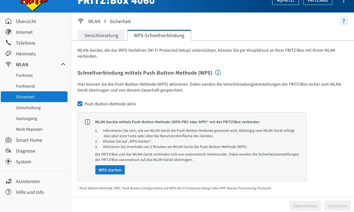 FRITZ!Box 4060: WPS-Schnellverbindung aktivieren für einfache WLAN-Verbindung. Was ist WPS? Wi-Fi Protected Setup für sichere Geräteanbindung.