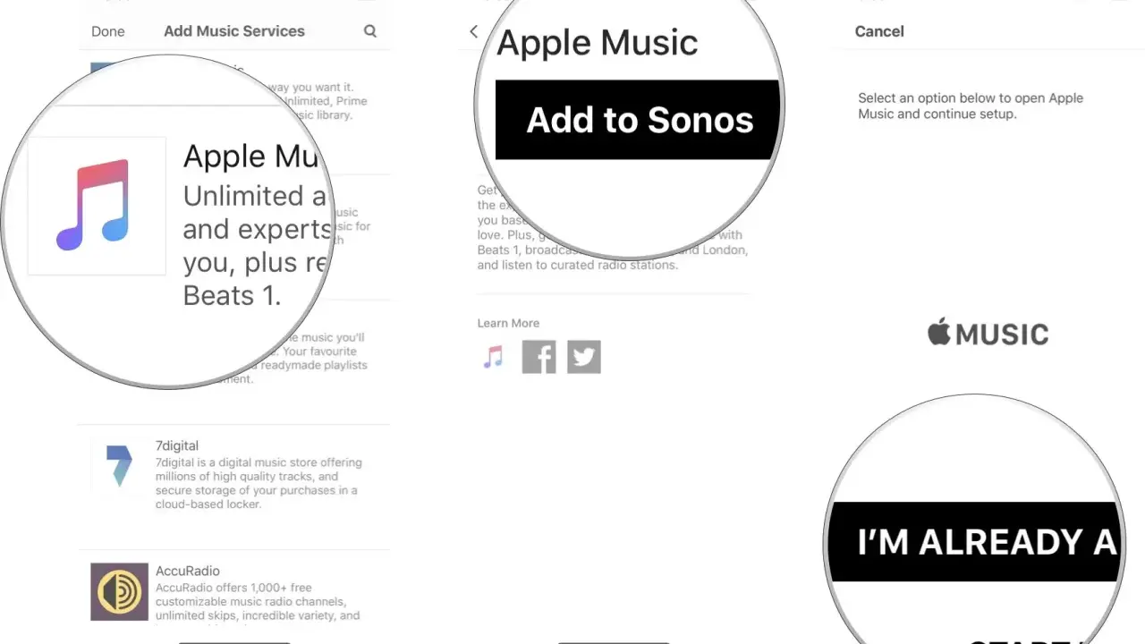 Apple Music zu Sonos hinzufügen. Der Bildschirm zeigt die Option "Add to Sonos" für Apple Music.