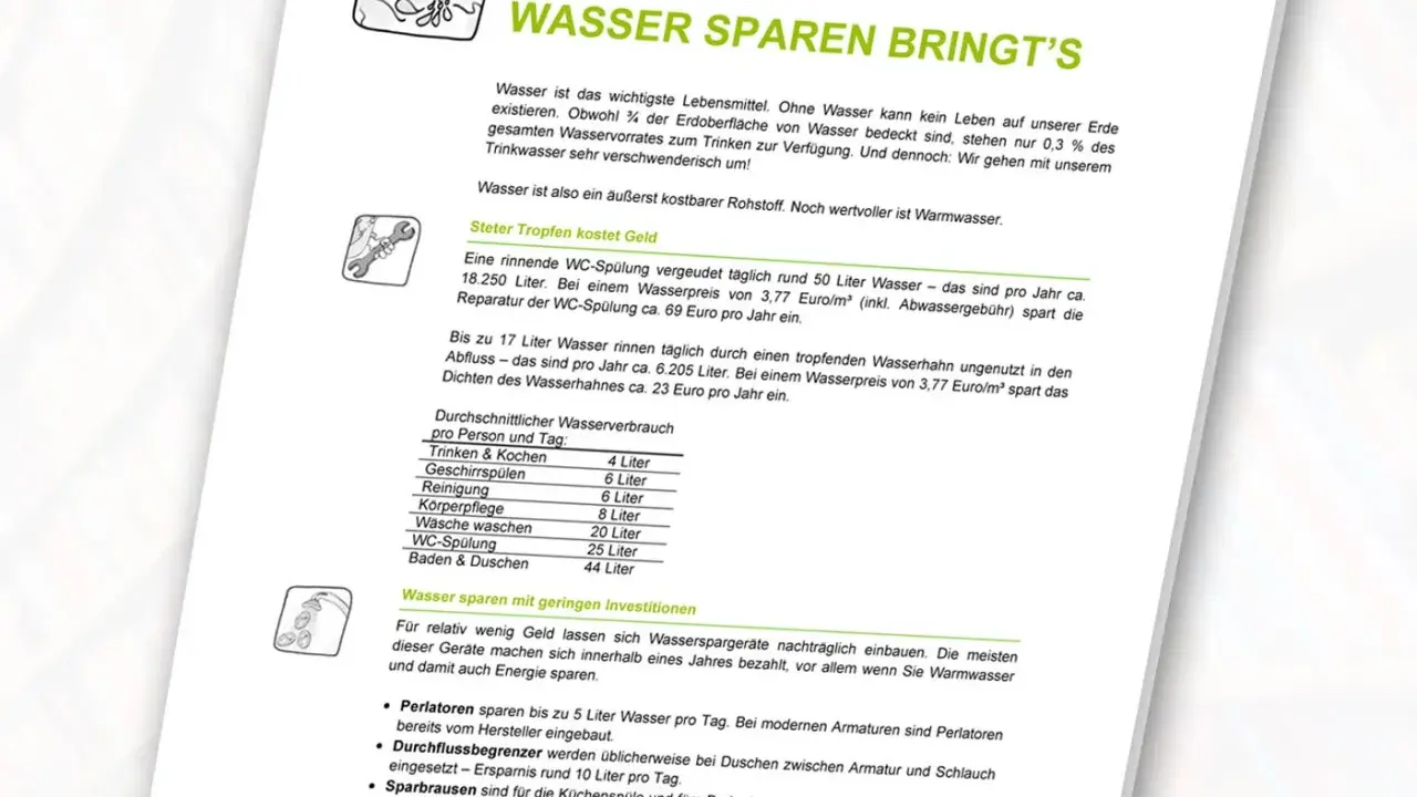 Durchschnittlicher Wasserverbrauch pro Person und Tag: Trinken & Kochen 4L, Duschen 44L. Wasser sparen mit Perlatoren & Sparbrausen.