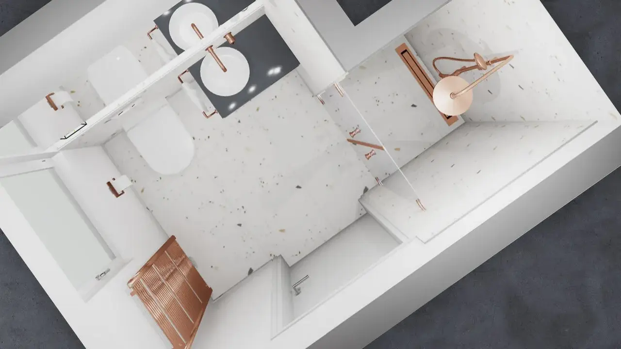 Modernes Badezimmer mit Terrazzo-Fliesen, zwei Toiletten, Doppelwaschbecken und einer Dusche. Die Kupferakzente bei den Armaturen und dem Heizkörper passen gut zu den hellen Fliesen.