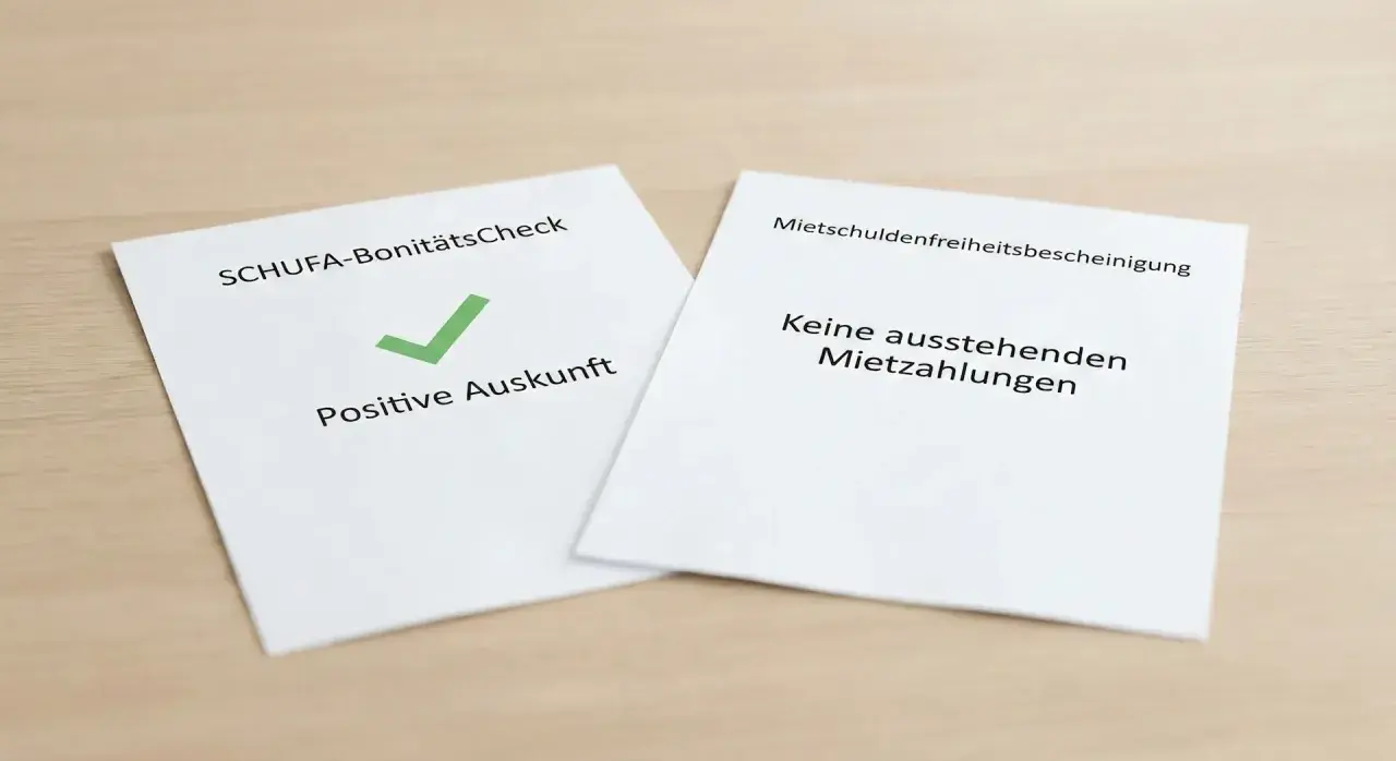 Zwei Dokumente: SCHUFA-BonitätsCheck mit positivem Auskunft-Häkchen und eine Mietschuldenfreiheitsbescheinigung, die bestätigt: Keine ausstehenden Mietzahlungen.