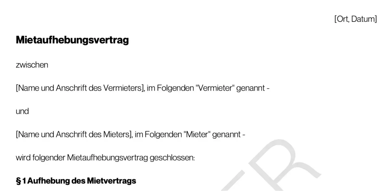 Mietaufhebungsvertrag zwischen Vermieter und Mieter. Dokument zur Beendigung eines Mietvertrags.