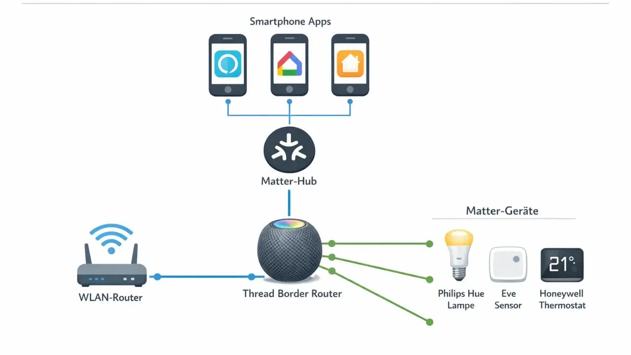 Schema der Matter und Thread Smart Home Architektur: Smartphone-Apps steuern Geräte über einen Matter-Hub und Thread Border Router.