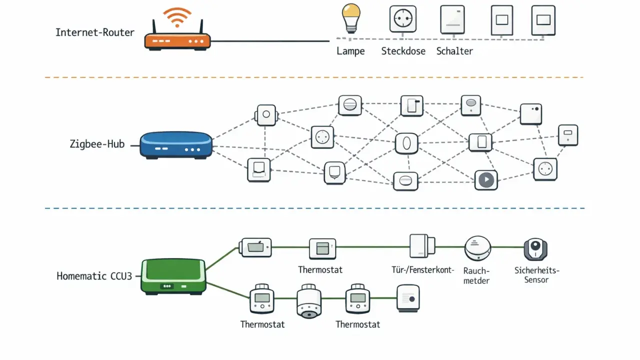 Schema zeigt ein Smart-Home-Netzwerk mit Internet-Router, Zigbee-Hub und Homematic CCU3, die Geräte wie Lampen, Thermostate und Sensoren steuern. Zigbee und Matter sind hierbei wichtige Standards.