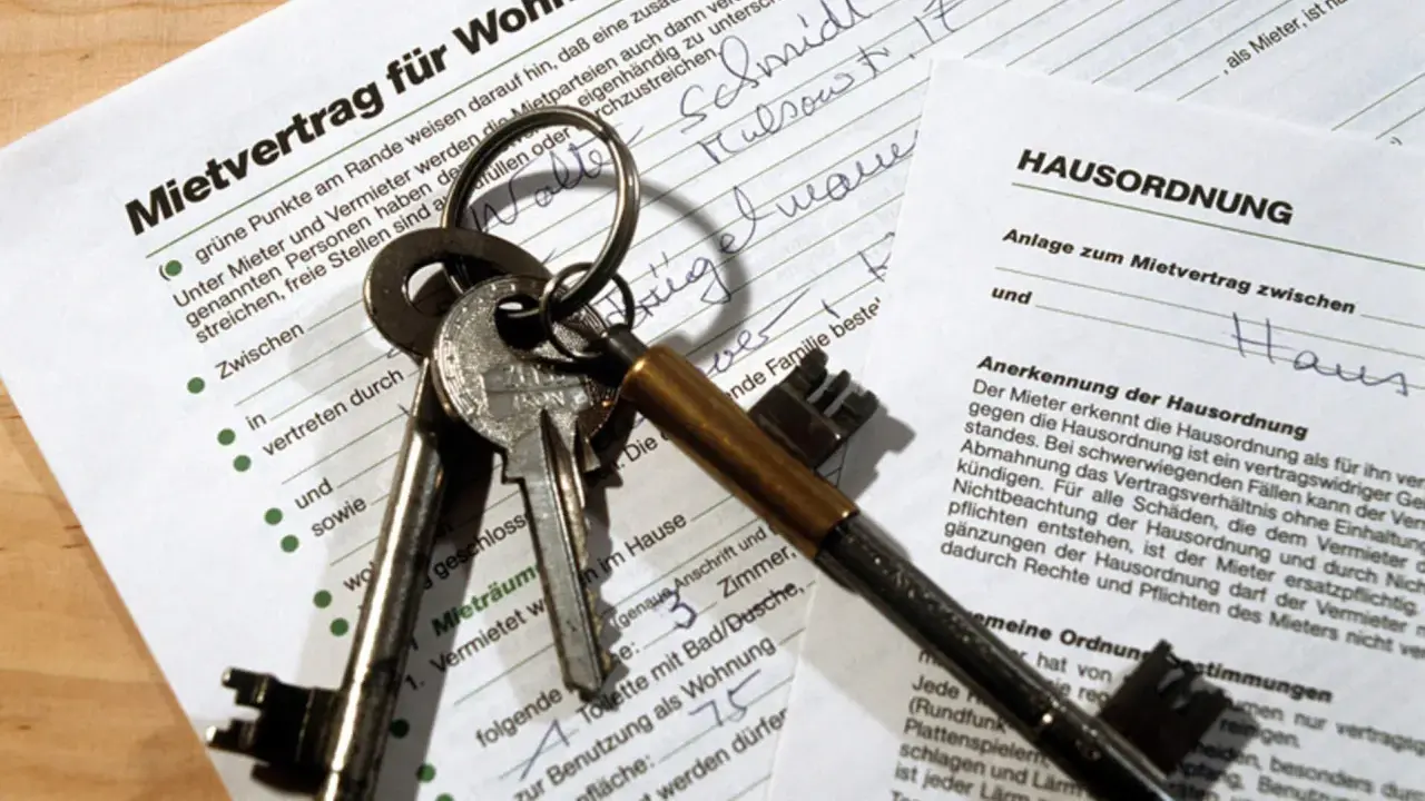 Mietvertrag und Hausordnung liegen bereit, Schlüssel für das neue Zuhause. Der § 540 BGB regelt die Rechte und Pflichten.