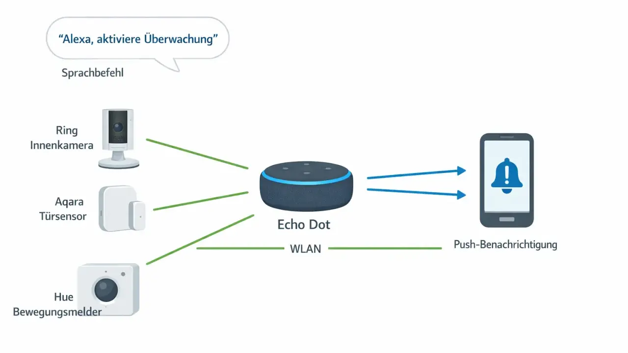 Alexa Geofencing: Sprachbefehl "Alexa, aktiviere Überwachung" steuert Echo Dot, der über WLAN mit Kameras, Sensoren und Smartphone verbunden ist.