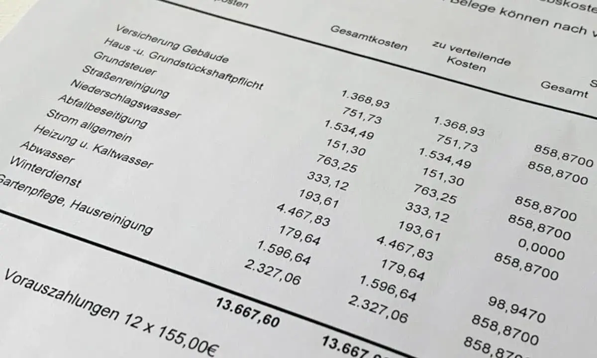 Abrechnungsposten mit Kosten für Gebäudeversicherung, Grundsteuer, Strom, Heizung, Abwasser und Gartenpflege. Die Gesamtkosten betragen 13.667,60 €.