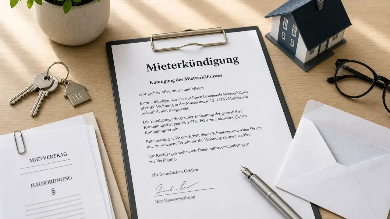 Schreibtisch mit Mietvertrag, Schlüssel, Hausmodell und Kündigungsschreiben, das die gesetzliche Kündigungsfrist gemäß § 573c BGB erwähnt.