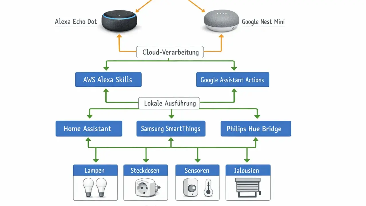 So funktioniert eine Alexa: Sprachbefehl geht zur Cloud-Verarbeitung, dann zu Skills oder Aktionen, lokale Ausführung steuert Lampen, Steckdosen, Sensoren, Jalousien.