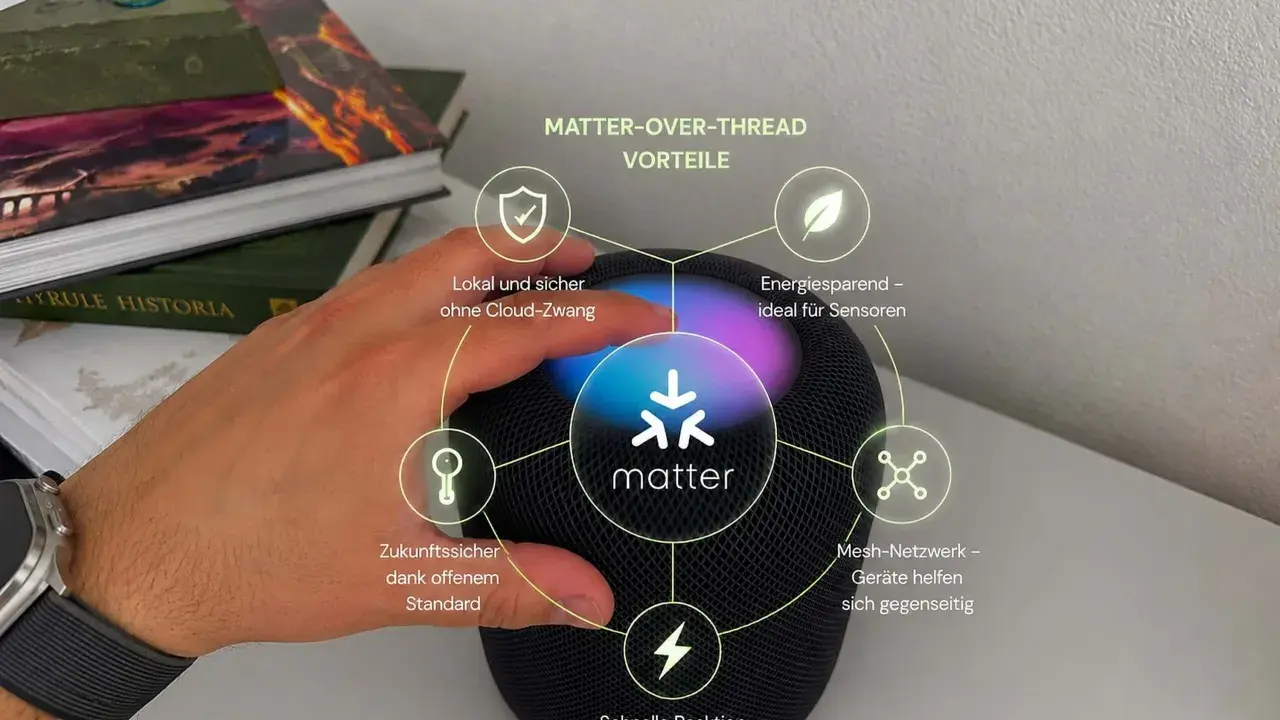 HomePod Mini mit Matter-Unterstützung: Lokal, sicher, energiesparend und zukunftssicher dank offenem Standard.