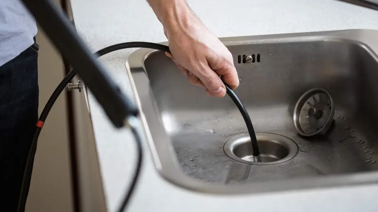 Mann versucht, ein verstopftes Waschbecken mit einer Rohrreinigungsspirale zu befreien.
