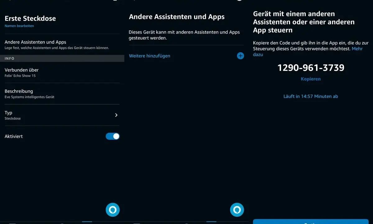 Ein Eve Systems Steckdosen-Gerät wird mit Alexa verbunden. Der Code 1290-961-3739 wird angezeigt.