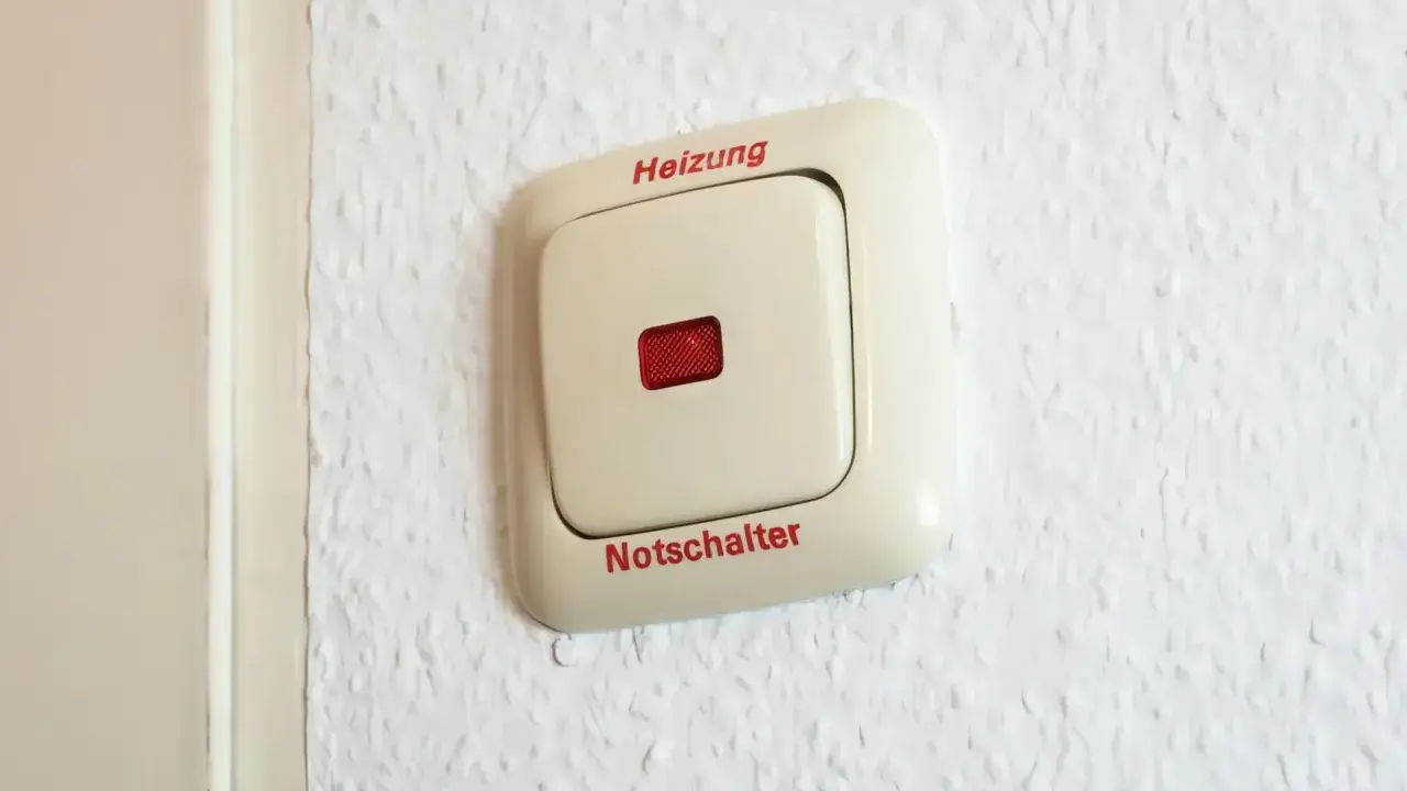 Ein beiger Schalter an einer weißen Wand mit der Aufschrift "Heizung" und "Notschalter". Dieser heizungsnotschalter pflicht ist wichtig für die Sicherheit.