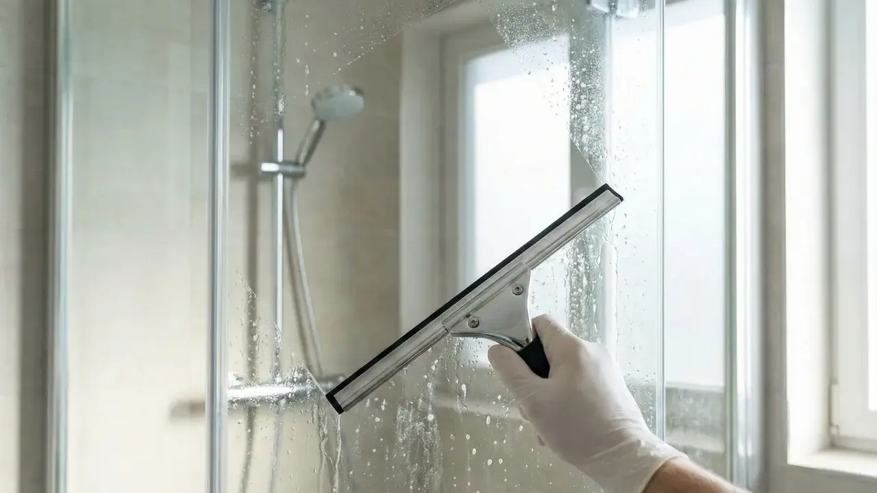 Mit einem Gummiabzieher wird die nasse Glasdusche gereinigt. Wasser und Schaum laufen über das Glas.