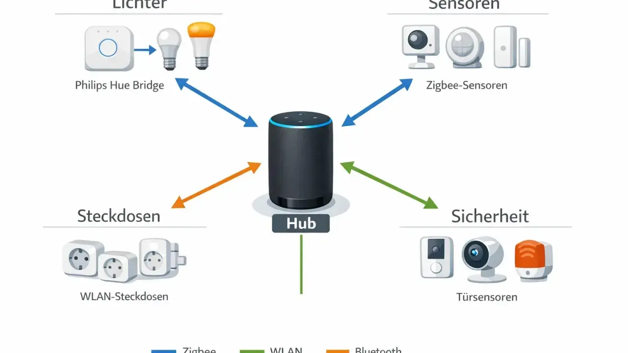Schema zeigt Philips Hue Bridge für Lichter, Zigbee-Sensoren, WLAN-Steckdosen und Sicherheit. Die Reichweite des Hubs verbindet alles.