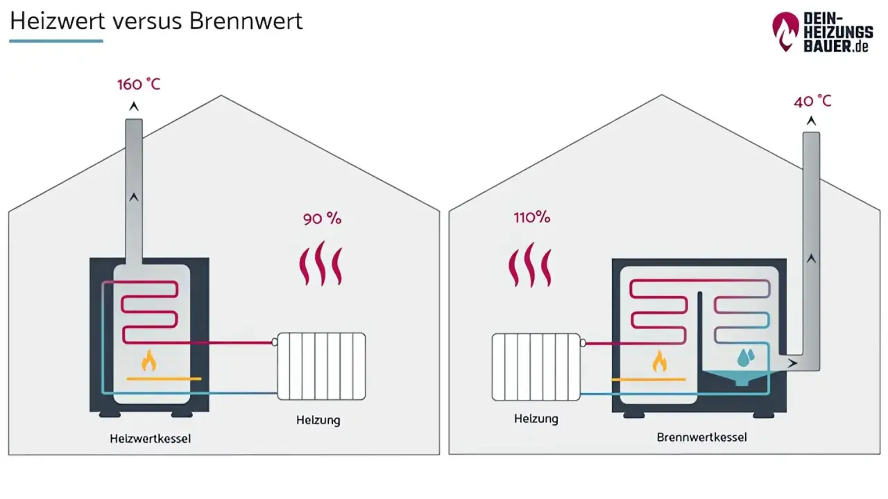Vergleich von Heizwert und Brennwert: Ein Heizwertkessel verliert 90% Energie, ein Brennwertkessel nutzt 110% durch Kondensation.