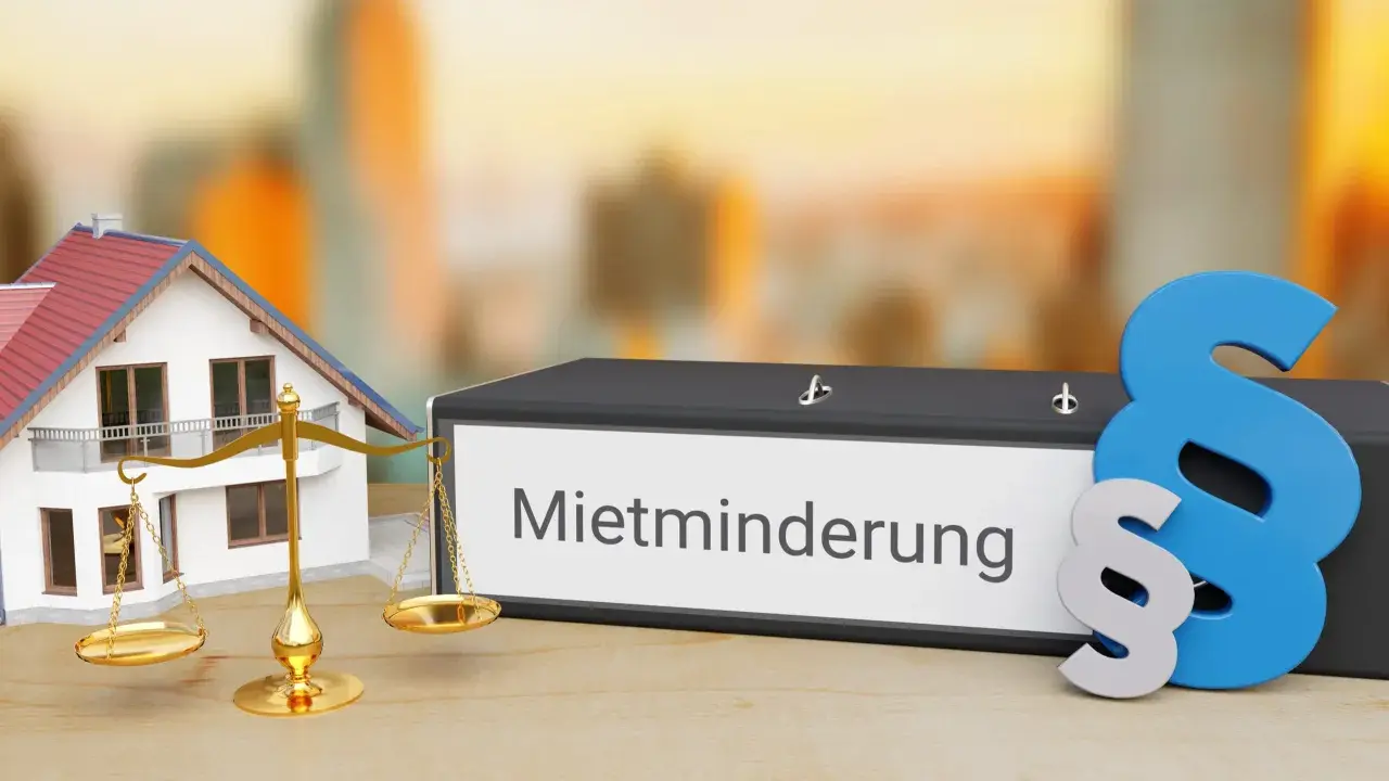 Hausmodell, Waage und Ordner mit "Mietminderung" Schriftzug. Ein Paragrafensymbol deutet auf rechtliche Aspekte hin, z.B. bei Problemen mit der Heizung.