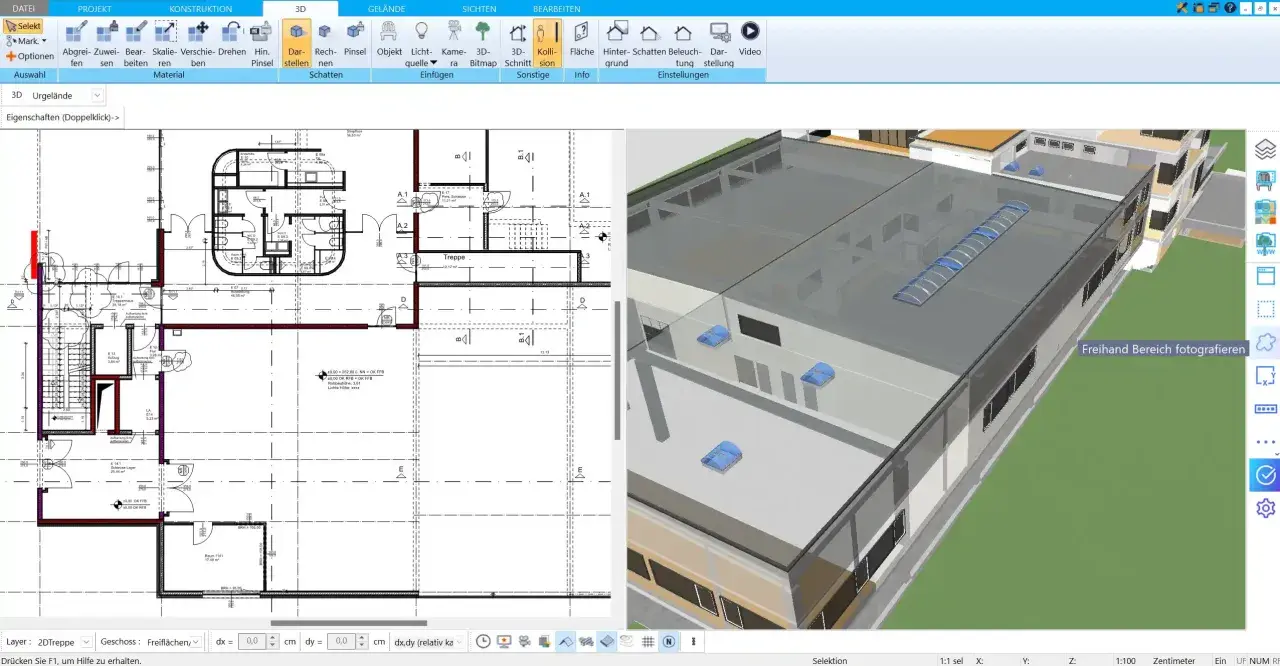 Bauplan und 3D-Modell eines Gebäudes. Ein Nutzer richtet die Werkstatt ein, indem er Elemente im Plan platziert und die 3D-Ansicht zur Überprüfung nutzt.
