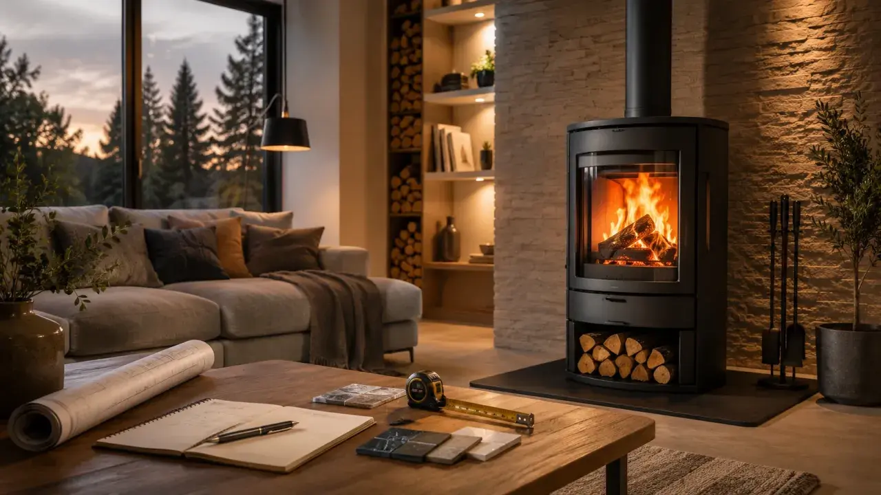 Gemütliches Wohnzimmer mit brennendem Kamin, der zum **kamin einbauen** einlädt. Baupläne und Materialmuster liegen bereit.