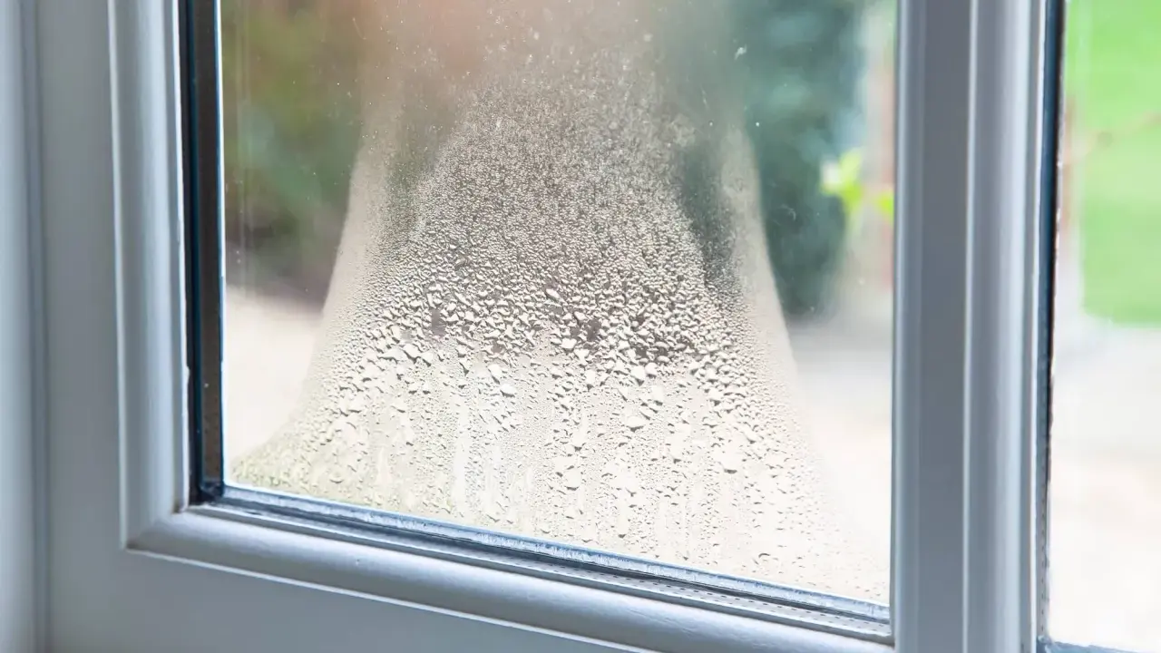 Fenster beschlagen von innen. Kleine Wassertropfen bilden ein Muster auf der Scheibe, das den Blick nach draußen verschwimmen lässt.