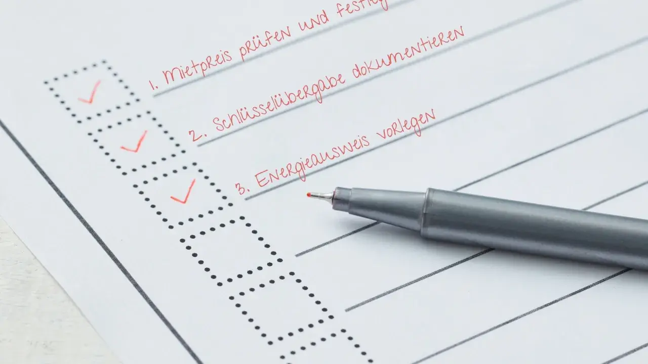 Checkliste für den Mietvertrag: Mietpreis prüfen, Schlüsselübergabe dokumentieren, Energieausweis vorlegen. Der Verwendungszweck Miete ist klar.