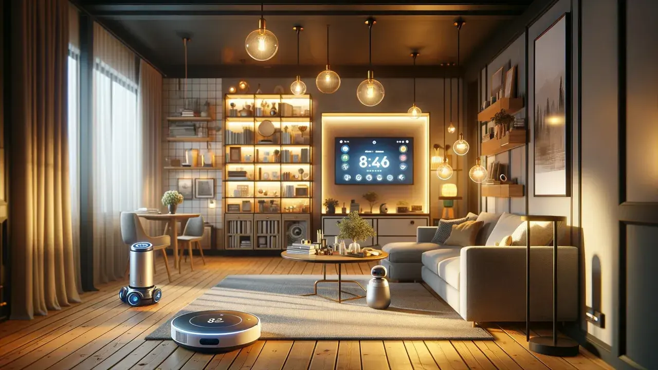 Moderne smart home ideen: Roboter-Staubsauger und ein kleiner Helfer im gemütlichen Wohnzimmer mit beleuchteten Regalen und einem großen Bildschirm.