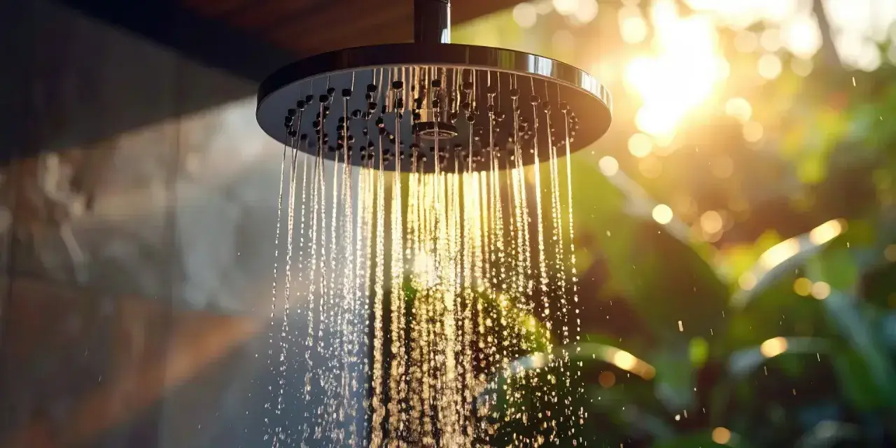 Duschkopf mit warmem Wasser im Sommer ohne Heizung. Sonnenstrahlen brechen sich im Wasser und erzeugen ein warmes, goldenes Licht.