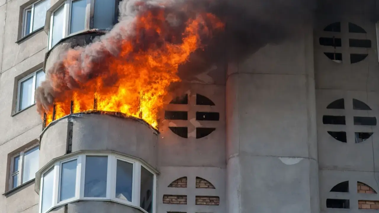 Wohnung nach Brand unbewohnbar: Flammen und Rauch steigen aus einem Balkon eines Mehrfamilienhauses. Was tun in dieser Notlage?