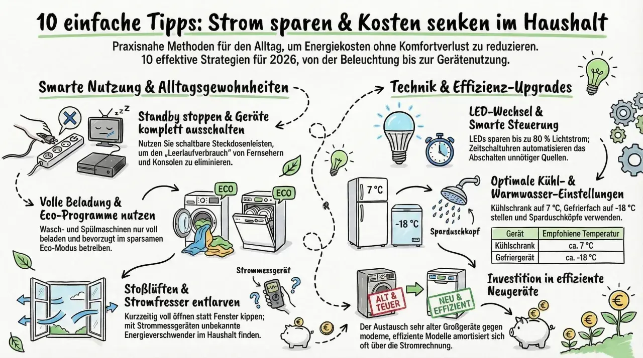 Stromfresser im Haushalt entlarven: Eine Tabelle zeigt, wie man mit Stoßlüften und Strommessgeräten Energie spart.