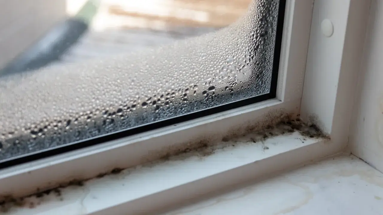 Beschlagene Fensterscheibe mit sichtbarem Schimmelbefall am Fensterrahmen. Dies kann ein Hinweis auf unsichtbaren Schimmel in der Wohnung und dessen Symptome sein.