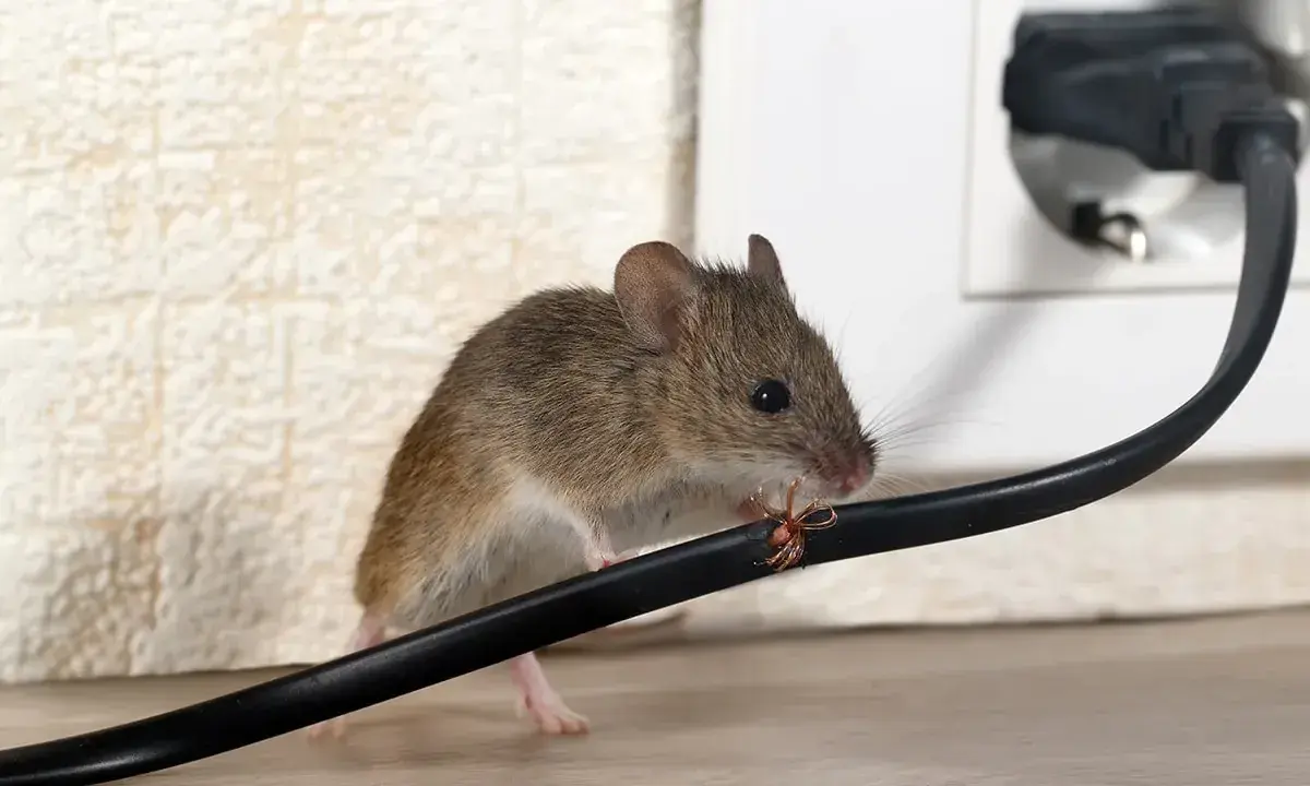 Eine kleine Maus in der Wohnung nagt an einem Stromkabel.