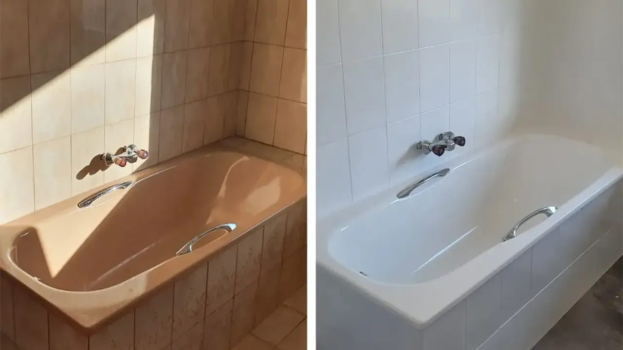 Vorher-Nachher-Vergleich: Braune Badewanne und Fliesen werden durch strahlendes Weiß ersetzt. Erfolgreiches **Fliesen lackieren** für ein modernes Bad.
