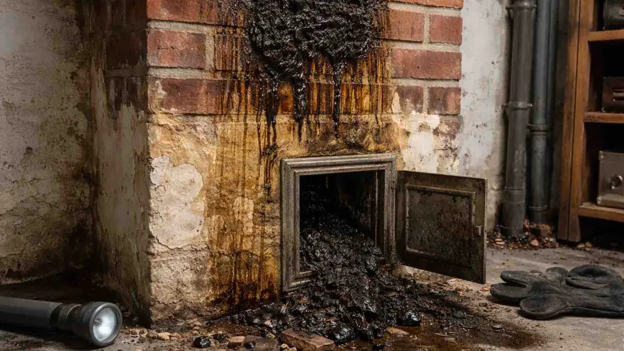 Ein stark versotteter Schornstein mit Rußablagerungen, die aus einer offenen Klappe tropfen. Daneben liegen Handschuhe und eine Taschenlampe.