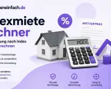 Indexmiete Rechner: Haus, Taschenrechner mit "INDEX", Mietvertrag & steigende Grafik. Berechnen Sie Mieterhöhungen nach Index und Kappungsgrenze einfach.