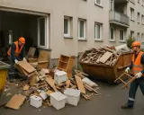 Männer in Warnwesten und Helmen räumen eine Messie-Wohnung aus. Sperrmüllcontainer und Kartons stapeln sich vor dem Gebäude.