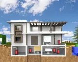 Schematische Darstellung eines Hauses mit Pelletlager, Heizsystem und Wassertank. Zeigt den gesamten Prozess des **Pellets Verbrauch im Jahr**.