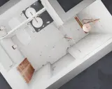 Modernes Badezimmer mit Terrazzo-Fliesen, zwei Toiletten, Doppelwaschbecken und einer Dusche. Die Kupferakzente bei den Armaturen und dem Heizkörper passen gut zu den hellen Fliesen.