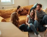 Glückliche Freunde lachen auf dem Boden vor einem Sofa, umgeben von Umzugskartons. Ein privater Vermieter könnte ihnen hier beim Einzug helfen.