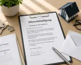 Schreibtisch mit Mietvertrag, Schlüssel, Hausmodell und Kündigungsschreiben, das die gesetzliche Kündigungsfrist gemäß § 573c BGB erwähnt.