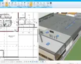 Bauplan und 3D-Modell eines Gebäudes. Ein Nutzer richtet die Werkstatt ein, indem er Elemente im Plan platziert und die 3D-Ansicht zur Überprüfung nutzt.