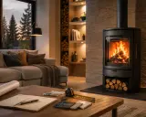 Gemütliches Wohnzimmer mit brennendem Kamin, der zum **kamin einbauen** einlädt. Baupläne und Materialmuster liegen bereit.