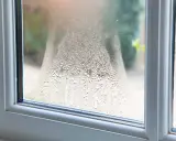 Fenster beschlagen von innen. Kleine Wassertropfen bilden ein Muster auf der Scheibe, das den Blick nach draußen verschwimmen lässt.
