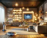 Moderne smart home ideen: Roboter-Staubsauger und ein kleiner Helfer im gemütlichen Wohnzimmer mit beleuchteten Regalen und einem großen Bildschirm.