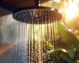 Duschkopf mit warmem Wasser im Sommer ohne Heizung. Sonnenstrahlen brechen sich im Wasser und erzeugen ein warmes, goldenes Licht.